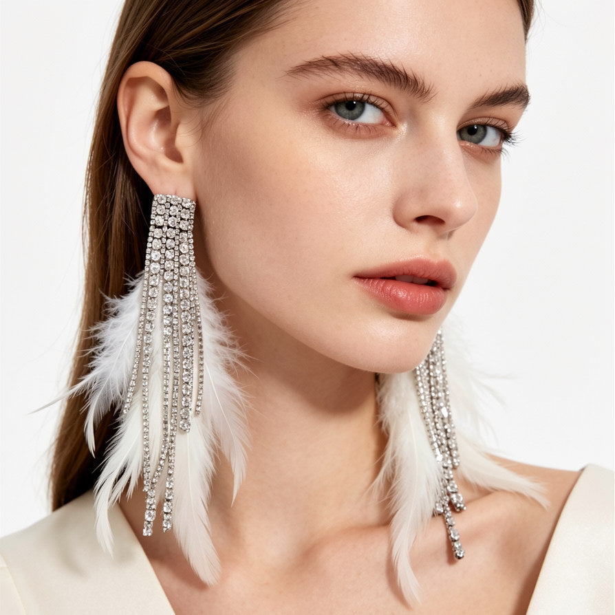 Pendientes de Pluma y Cristal Lujo - Largo Colgante para Eventos|JI JOYA