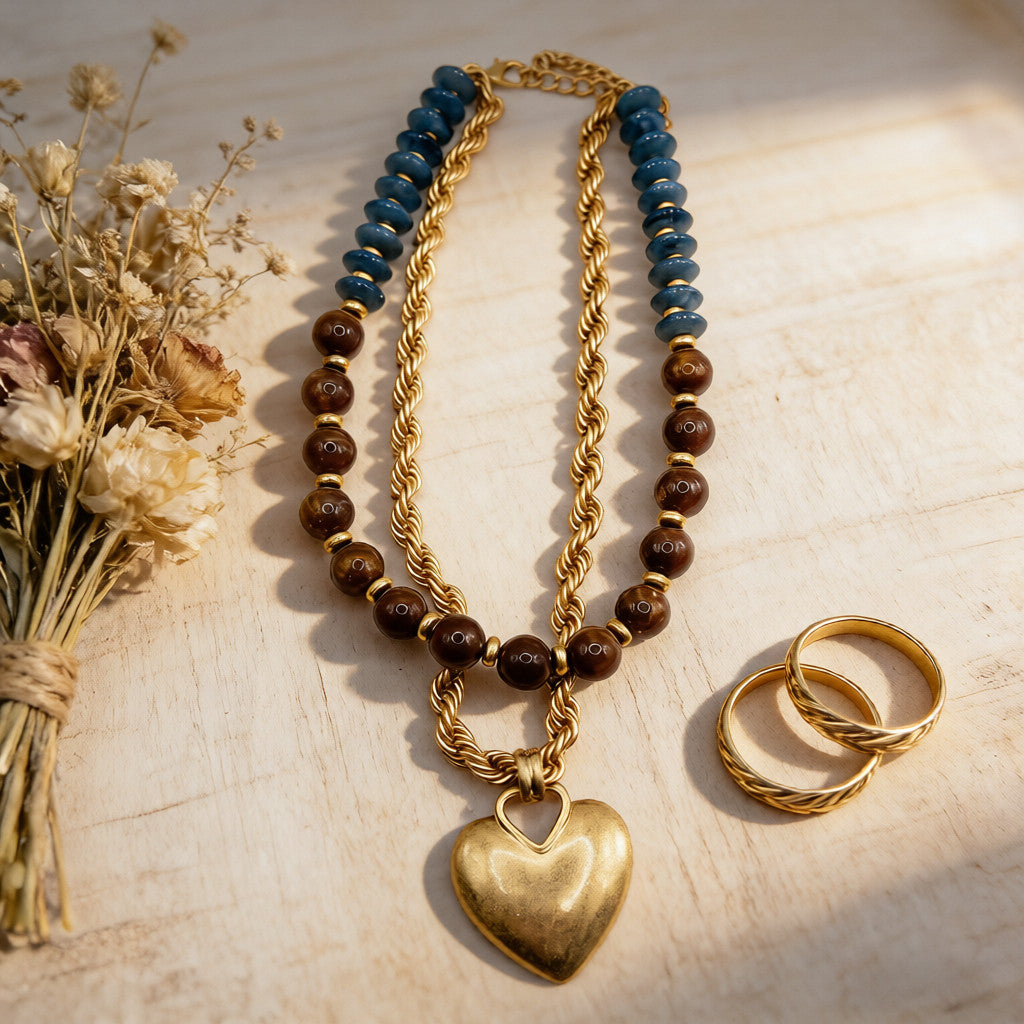Collar vintage con colgante de corazón de cuentas y bloques de color | Cadena de clavícula multicapa con diseño de nicho | Cadena de clavícula multicapa estilo francés vintage