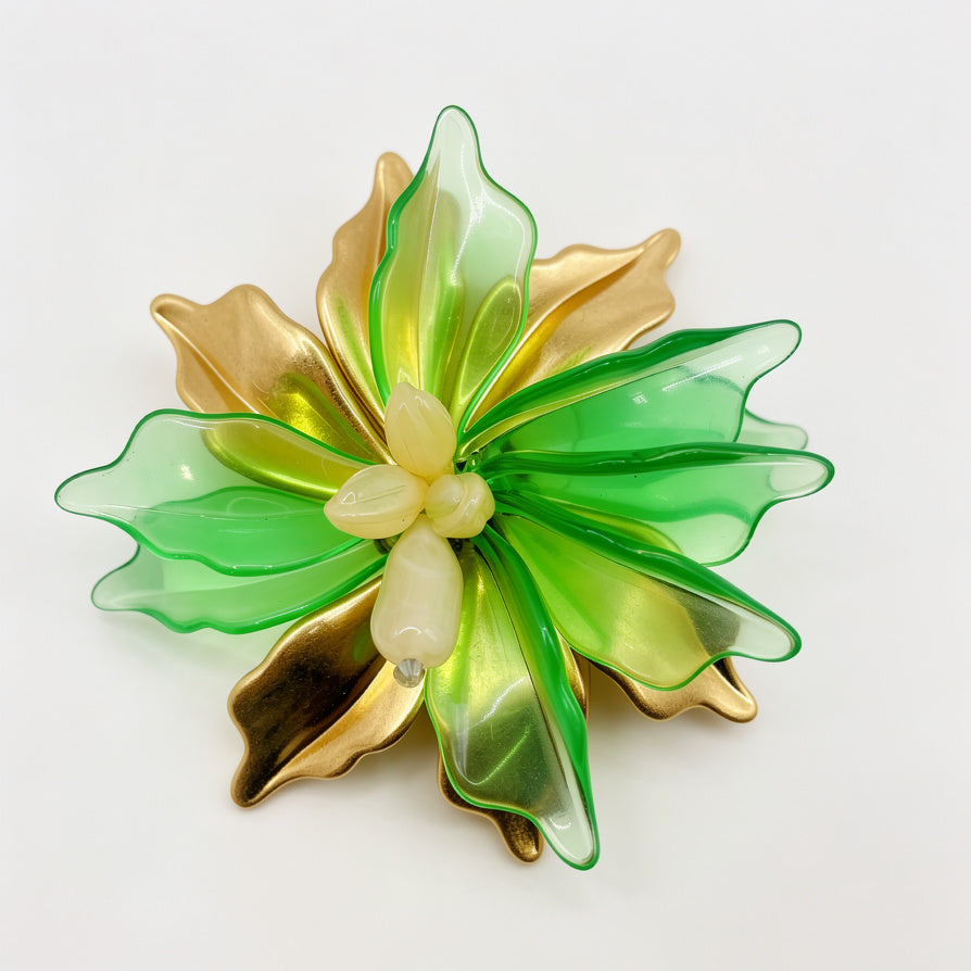 Broche de Flor Verde Transparente con Detalles Dorados, Accesorio de Moda para Mujer, Venta al Por Mayor|JI JOYA