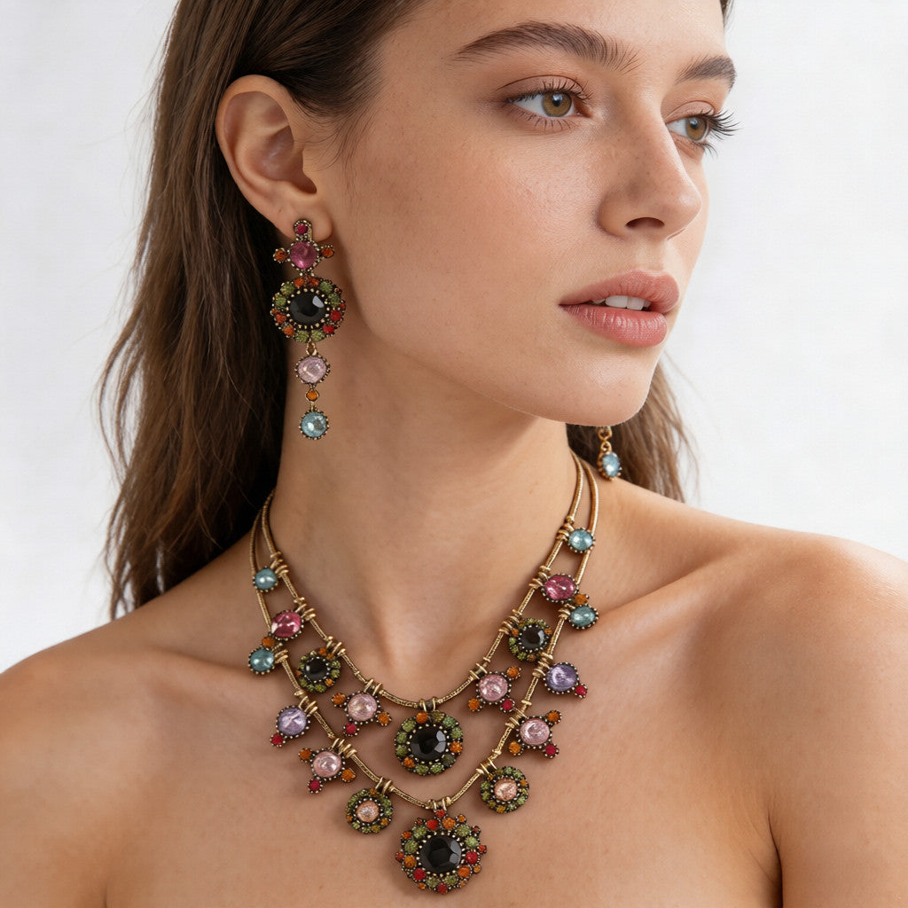 Conjunto vintage de collar y pendientes con piedras preciosas multicapa | Joyería bohemia de lujo para la noche