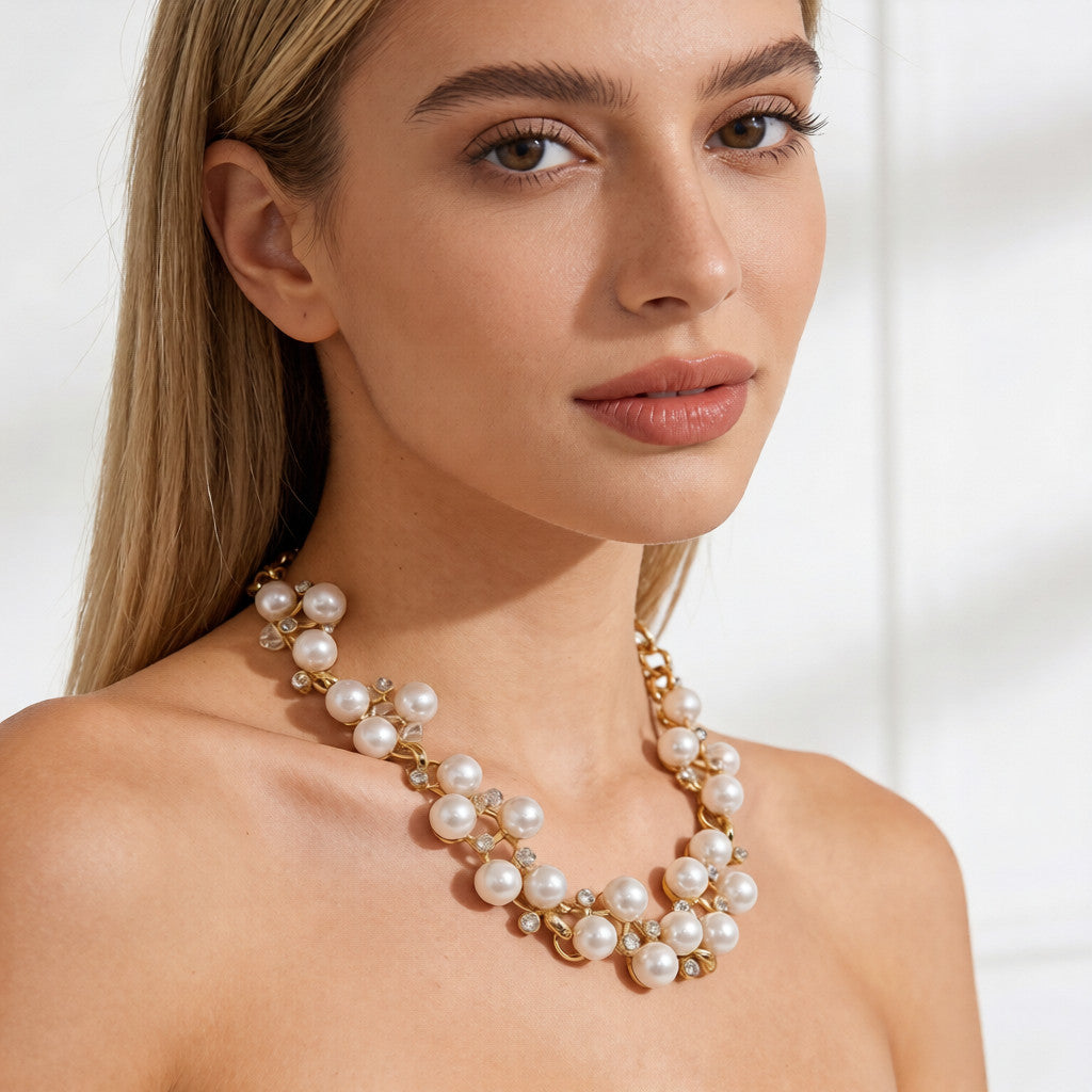 Gargantilla de perlas chapada en oro para mujer, delicada y llamativa, adornada con cristales, elegante joya para bodas y fiestas.