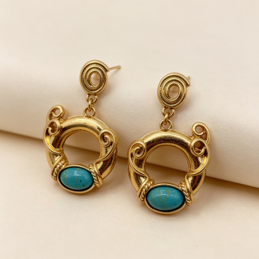 Pendientes Dorados con Turquesa Vintage | Mayorista de Bisutería Moda|JI JOYA