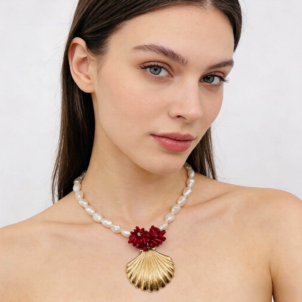 Baroque Pearl Necklace with Gold Shell - Coastal Collection