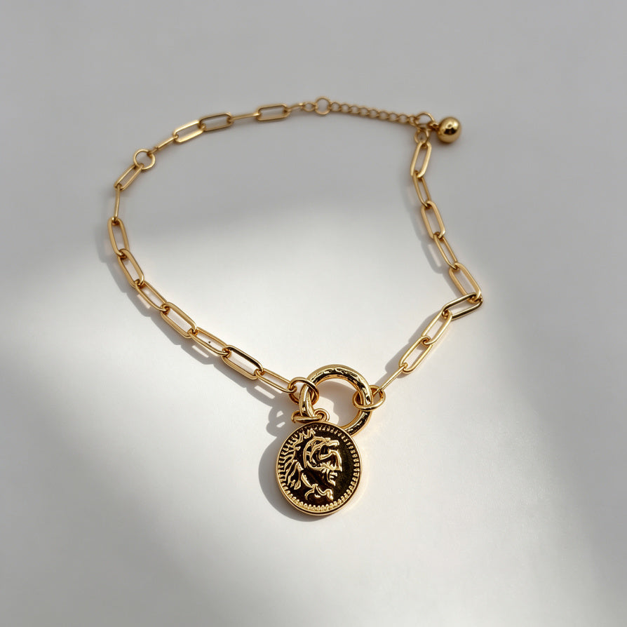 Pulsera de Cadena con Colgante de Moneda Estilo Antiguo - Plata/Oro, Ajustable, Joyería al Por Mayor|JI JOYA