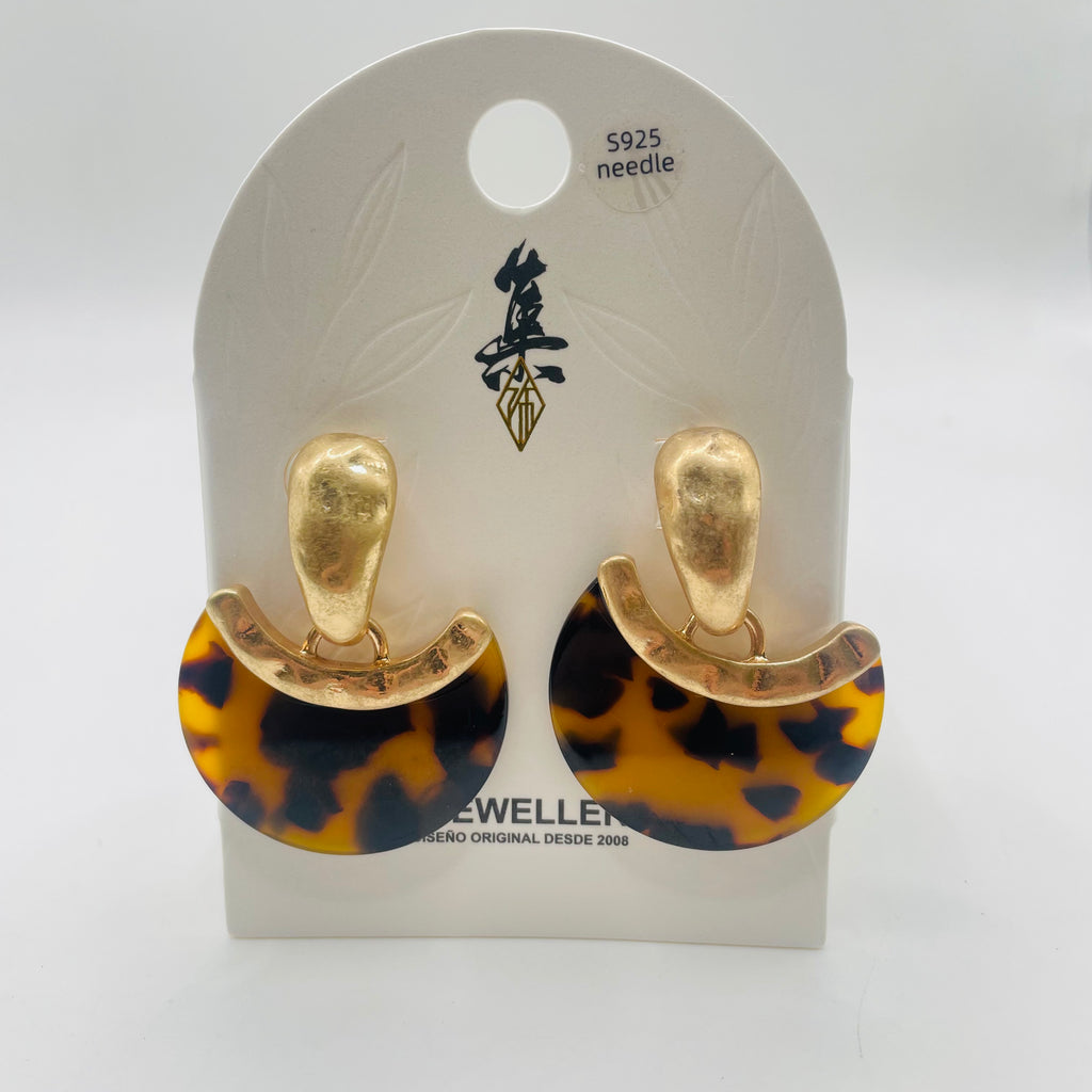 Pendientes Luna Estampado Tortuga Metal Dorado, Pendientes al por Mayor Agencia Moda, Post S925|JI JOYA
