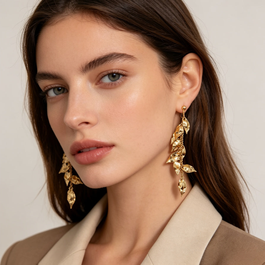 Pendientes Colgantes de Hojas Doradas al Por Mayor | Zinc Aleación Antidesvanecimiento, Joyería de Moda para Mujer|JI JOYA
