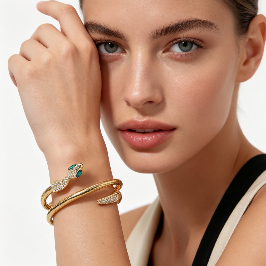 Pulsera Serpiente Chapada en Oro/Plata con Zirconias Verdes | Joyería de Moda al Por Mayor para Mujer|JI JOYA