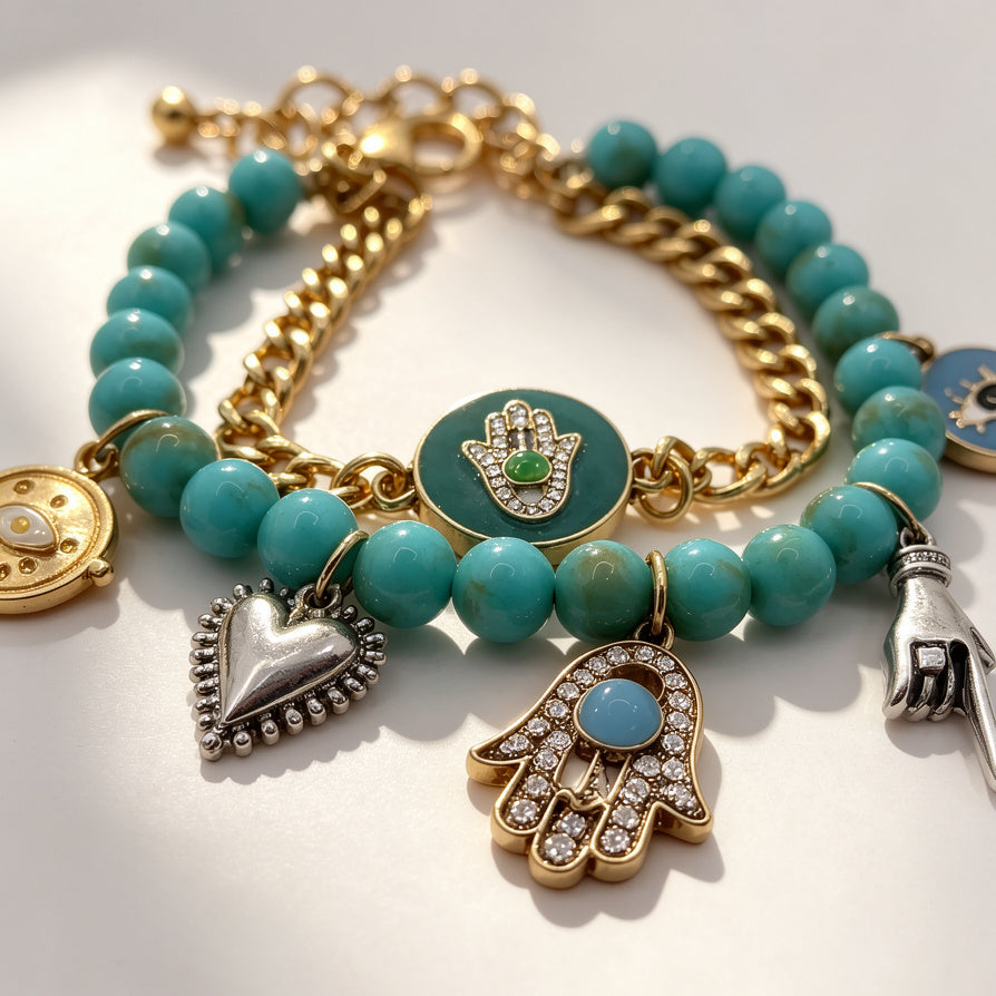 Pulsera Turquesa Mano de Hamsa Ojo Turco | Bisutería Espiritual Mayorista para Joyería|JI JOYA
