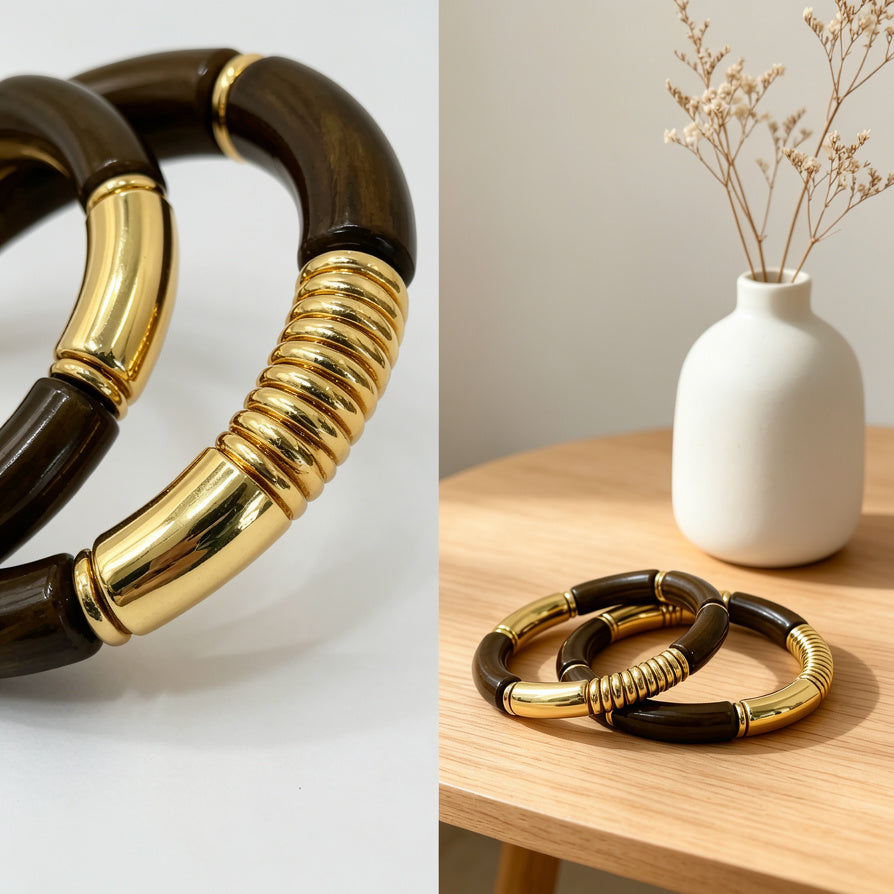 Set de 3 Pulseras Elásticas de Resina y Metal Dorado - Joyería Moda Mayorista|JI JOYA