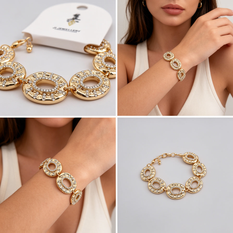 Pulsera Mayorista de Zinc Aleación con Circonias - Diseño Ovalado Texturizado en Oro/Plata|JI JOYA
