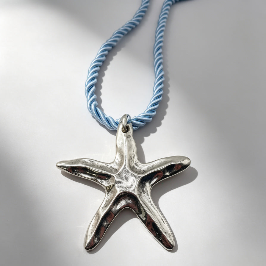 Collar de Estrella de Mar de Metal con Cordón Azul, Colores Plata y Oro, Joyería de Playa al Por Mayor|JI JOYA