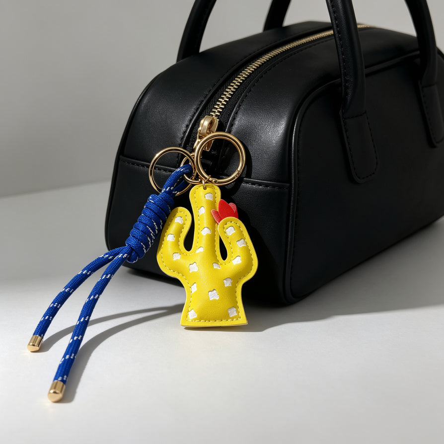 Llavero de Cactus de Cuero PU con Cordón Azul | Llavero de Moda para Bolsos, Regalos Promocionales y Venta al Por Mayor|JI JOYA