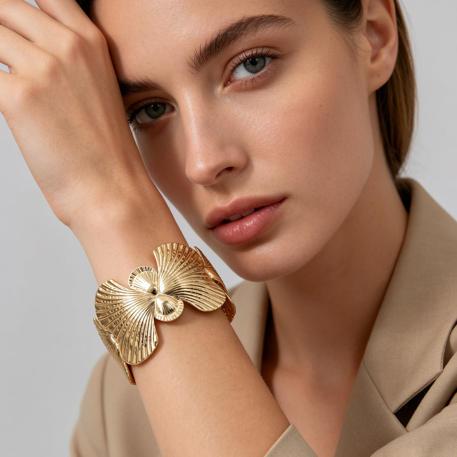 Pulsera de Flores de Metal con Textura, Dorada/Plata, para Mujer, Joyería al Por Mayor|JI JOYA