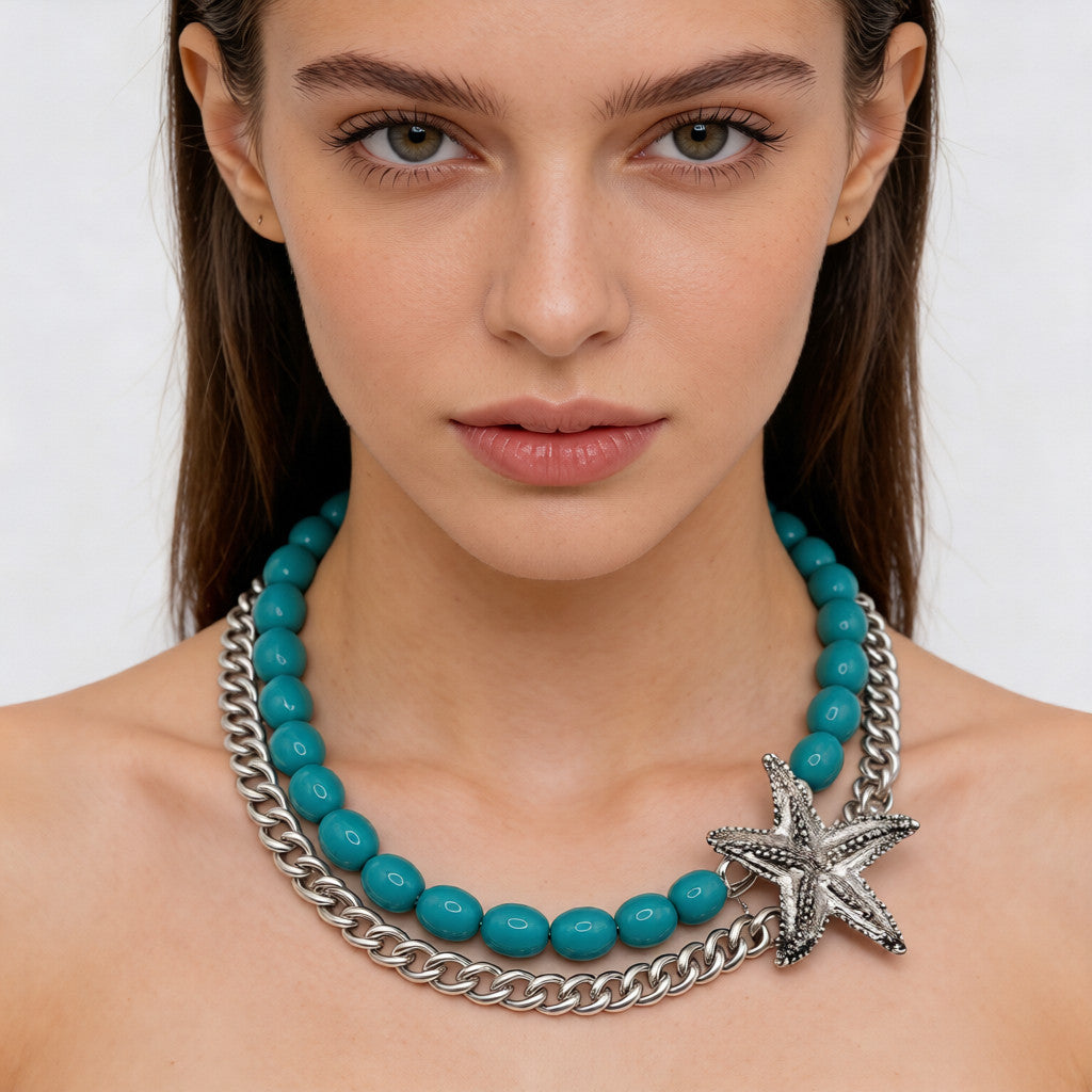 Collar Doble con Estrella de Mar | Turquesa y Plata| Crema y Oro