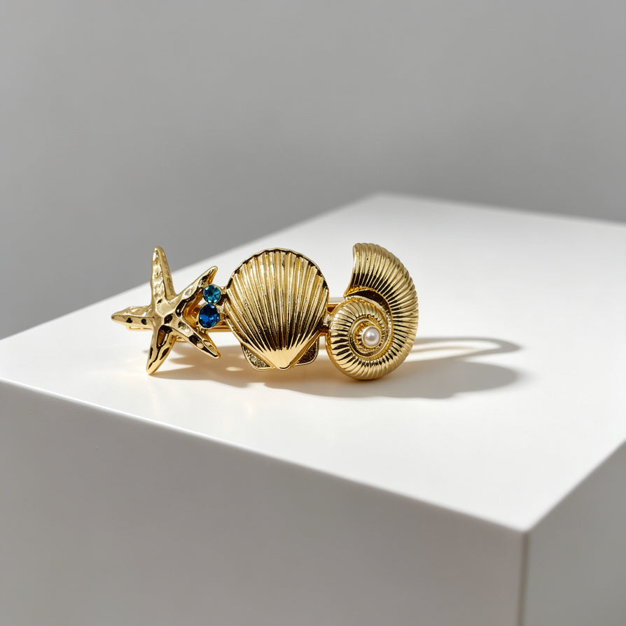 JI JOYAS - Pasador de Cabello Marino Dorado - Diseño Estrella de Mar, Concha y Nautilus con Cristales Azules y Perla - Accesorio de Pelo para Mujer, Mayorista|JI JOYA