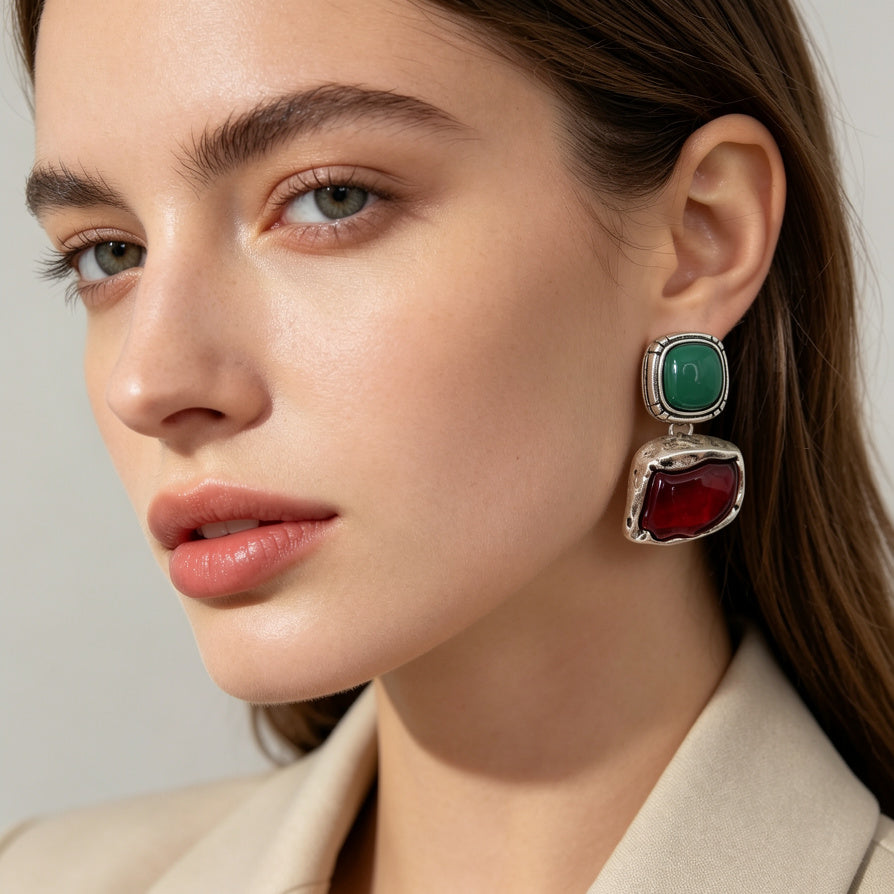 Pendientes de Zinc Aleación con Piedras de Color Verde y Rojo, Diseño Vintage, Mayorista|JI JOYA