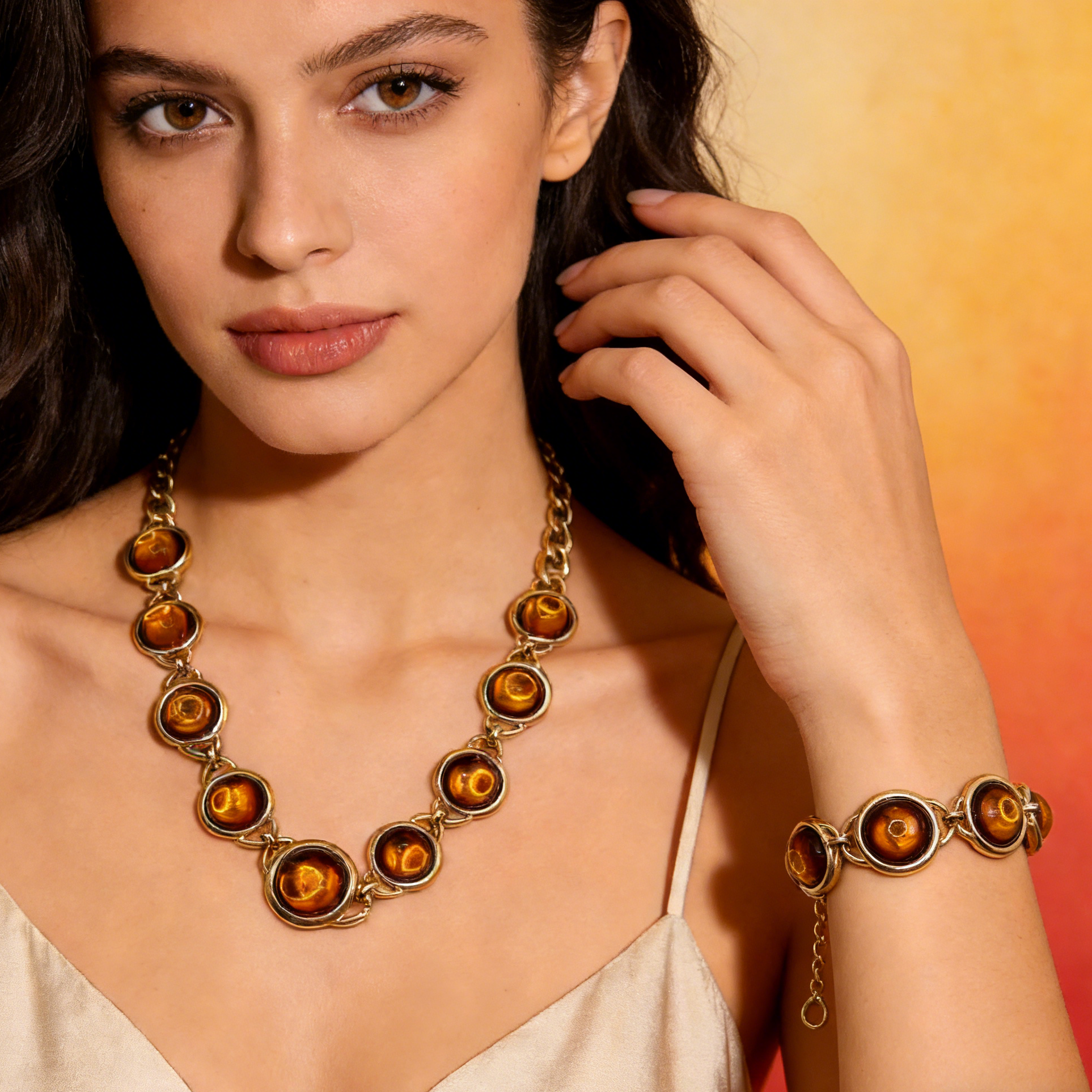 Conjunto de Joias em Ouro [Ónix Preto/Olho de Tigre] | Colar e Pulseira para Mulher