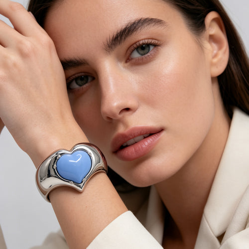 Brazalete Ajustable de Corazón Grande - Diseño Moderno en Zinc Aleación con Esmalte, 3 Colores, Venta al Por Mayor| JI JOYA