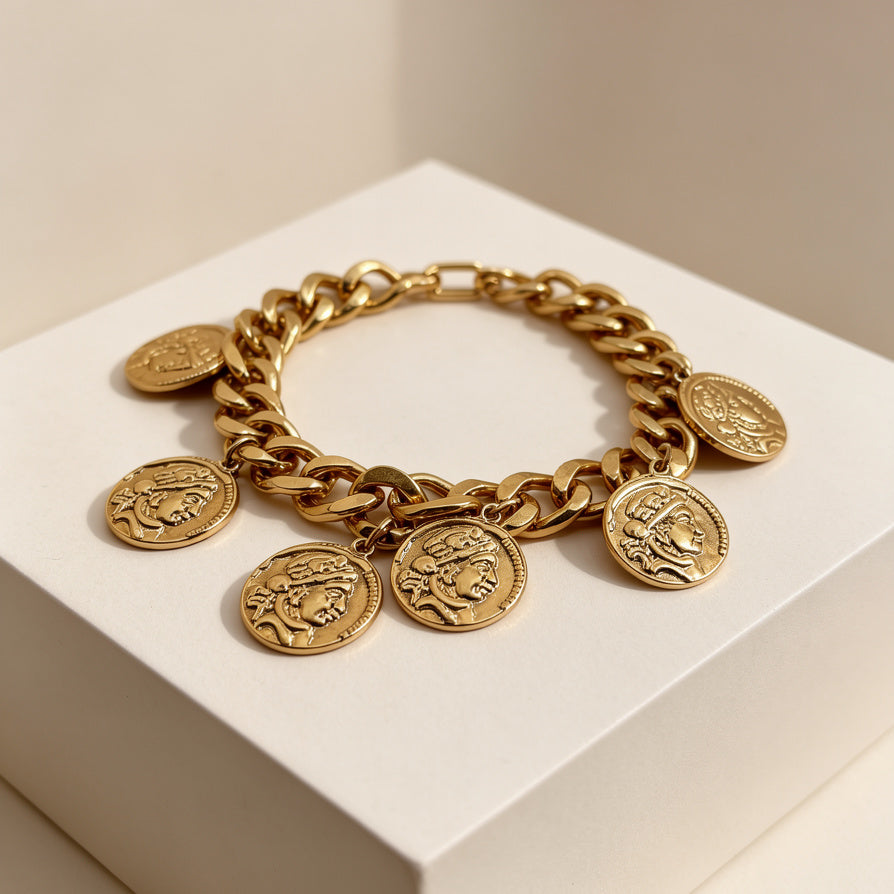 Pulsera de Monedas Antiguas en Cadena Gruesa - Oro y Plata, Joyería de Moda al Por Mayor|JI JOYA