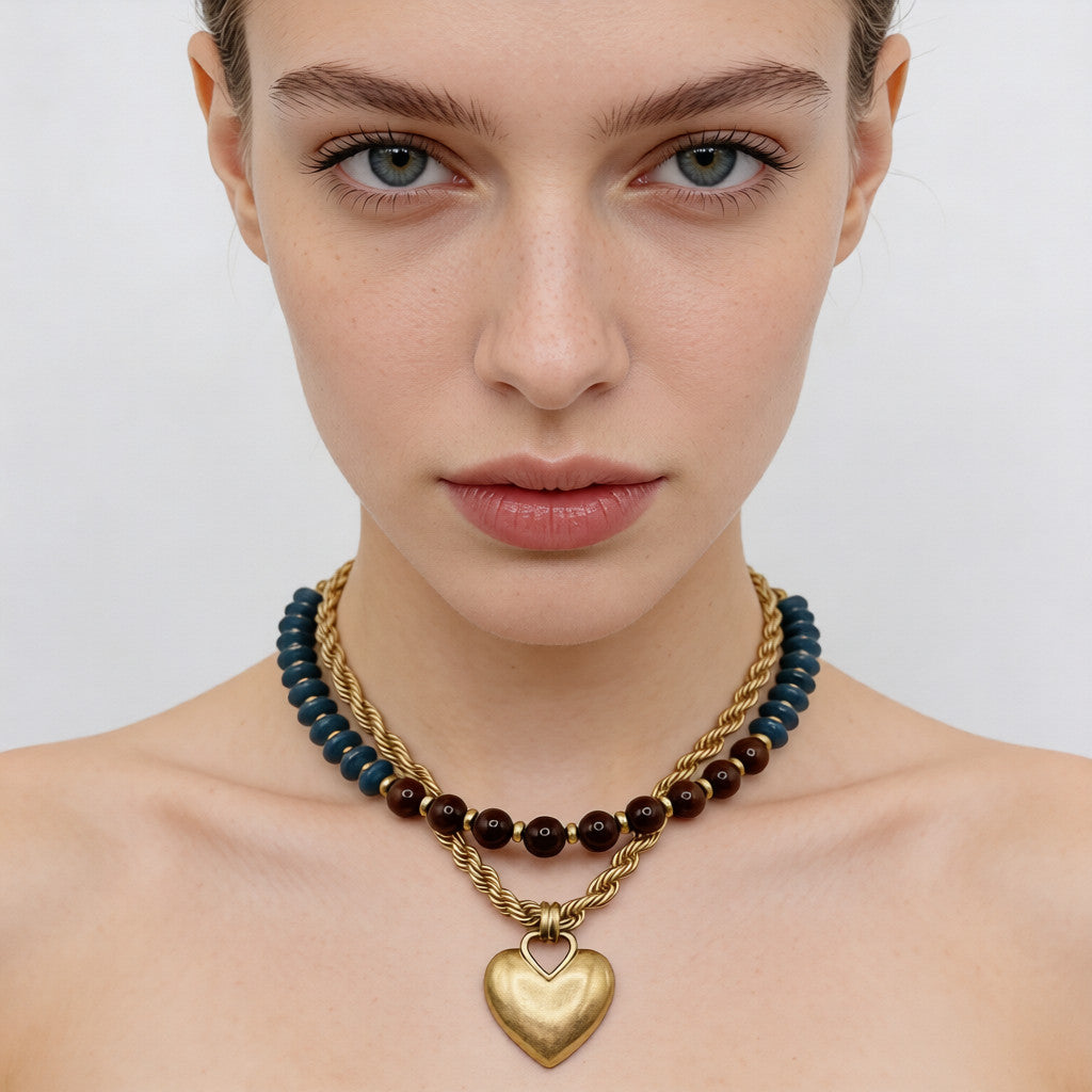 Collar vintage con colgante de corazón de cuentas y bloques de color | Cadena de clavícula multicapa con diseño de nicho | Cadena de clavícula multicapa estilo francés vintage