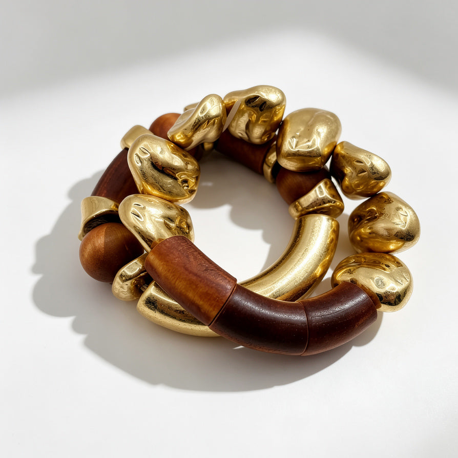 Pulsera de Madera y Metal Dorado, Diseño Moderno, Joyería al Por Mayor|JI JOYA