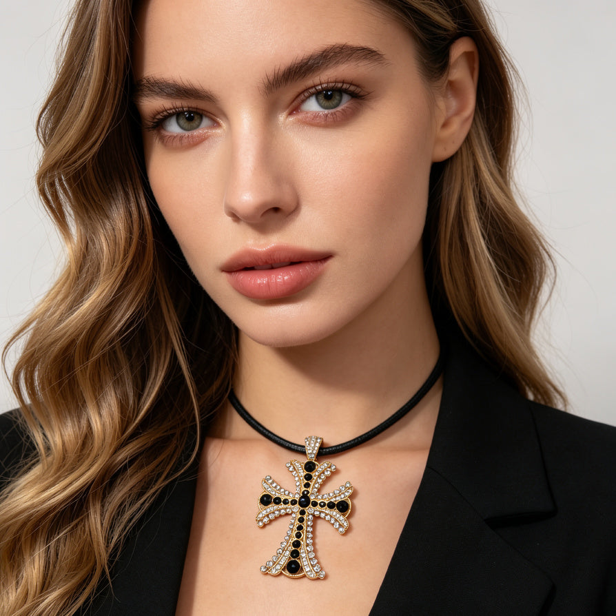 Collar de Cruz Pavé con Cristales Negros y Blancos - Oro/Plata|JI JOYA