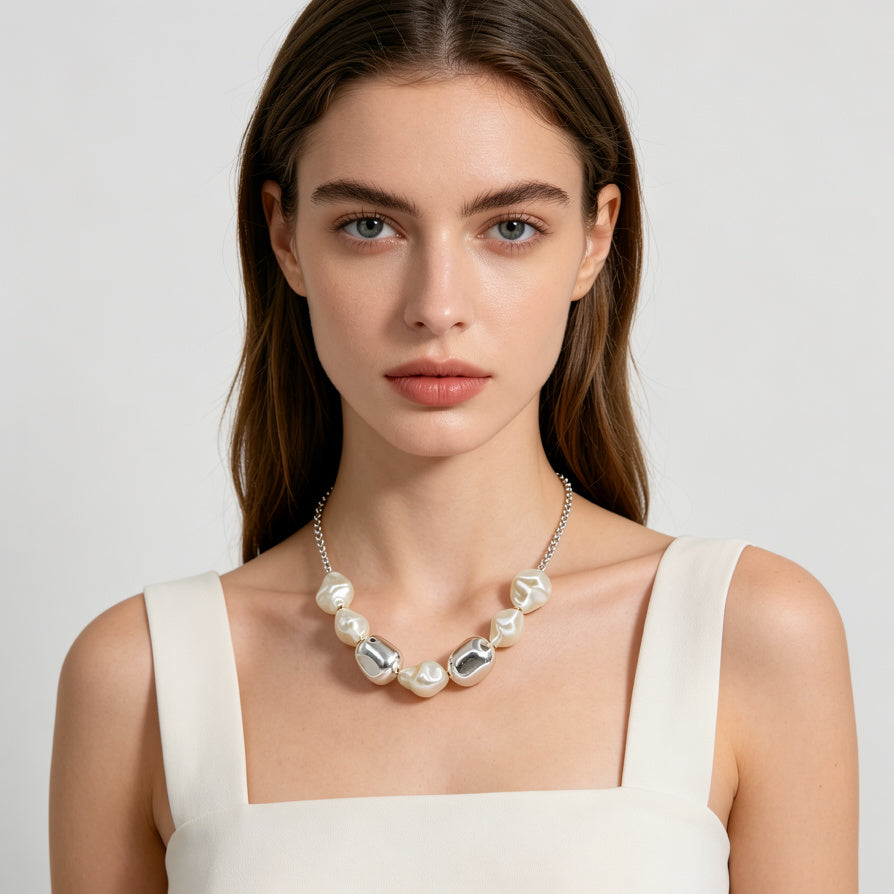 Collar de Perlas Simuladas Barrocas Irregulares - Plata y Dorado - Joyería de Moda Mayorista para Mujer|JI JOYA