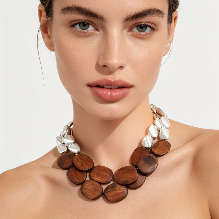 Collar de Madera y Metal Dorado/Plateado - Estilo Boho Minimalista para Mujer|JI JOYA