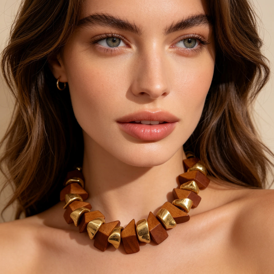 Set Collar Pulsera Geométrico Madera y Oro - Joyería Minimalista|JI JOYA