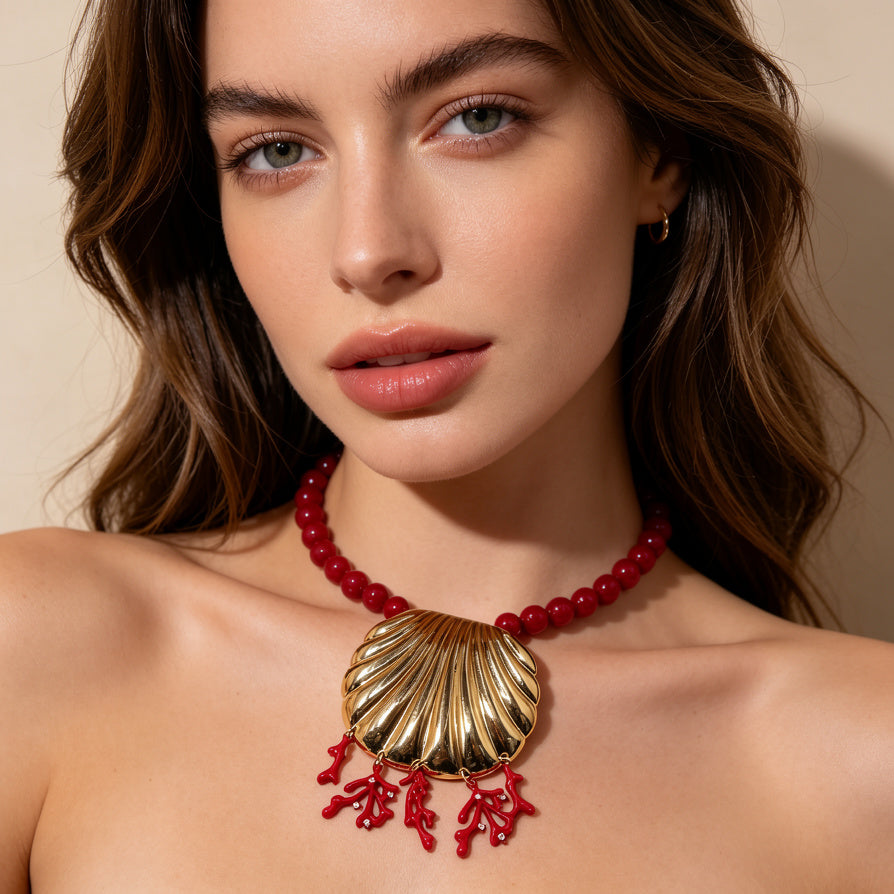 Collar Gargantilla de Concha Dorada y Coral Rojo - Joyería Boho Chic para Mujer|JI JOYA