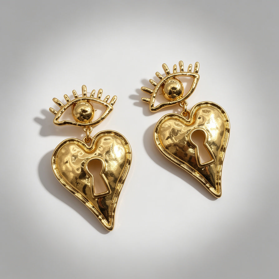 Orejas de Oro Ojo y Corazón con Ojo de Cerradura | Joyería al Mayoreo|JI JOYA