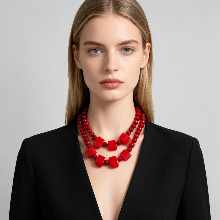 JI JOYA VENTA AL POR MAYOR|Collar Declaración de Doble Hilo con Cuentas Cuadradas | Joyería de Moda al Por Mayor para Mujeres