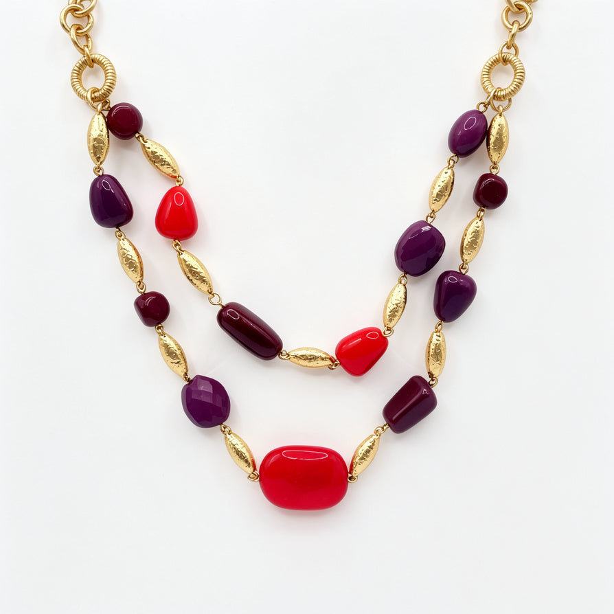 Collar de Doble Cadena con Piedras de Resina en Tonos Azul y Rojo, Dorado al Por Mayor|JI JOYA