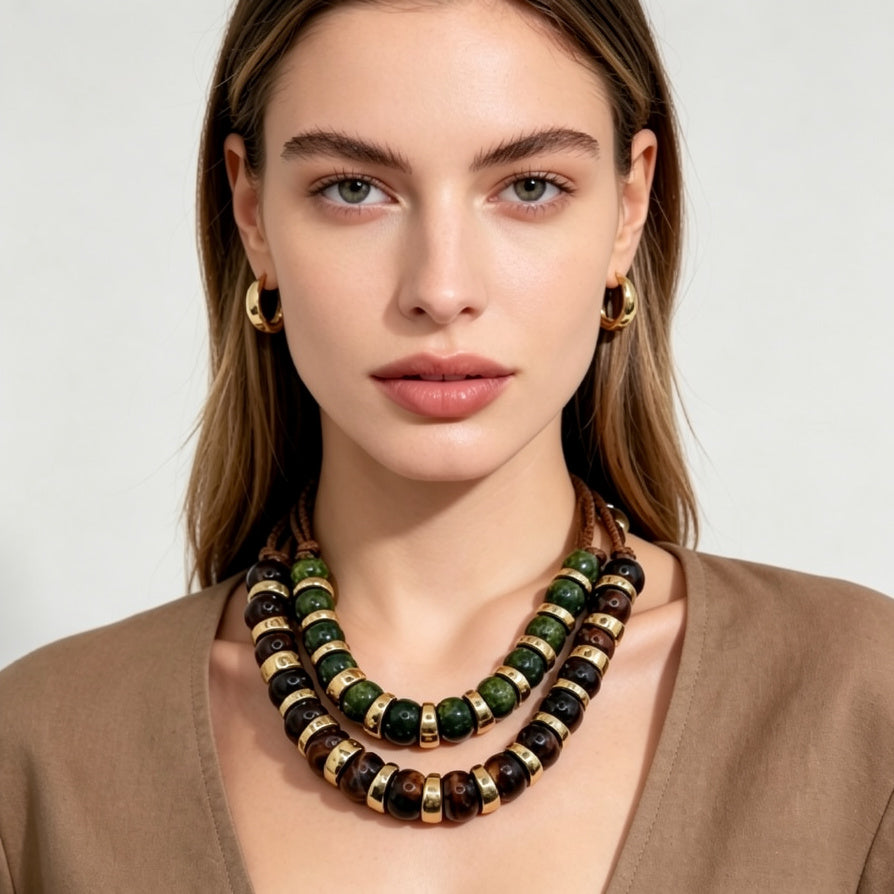 Collares de Cuentas de Resina de Doble Capa con Detalles Dorados | Collares Llamativos de Moda para Mujer | Mayorista|JI JOYA