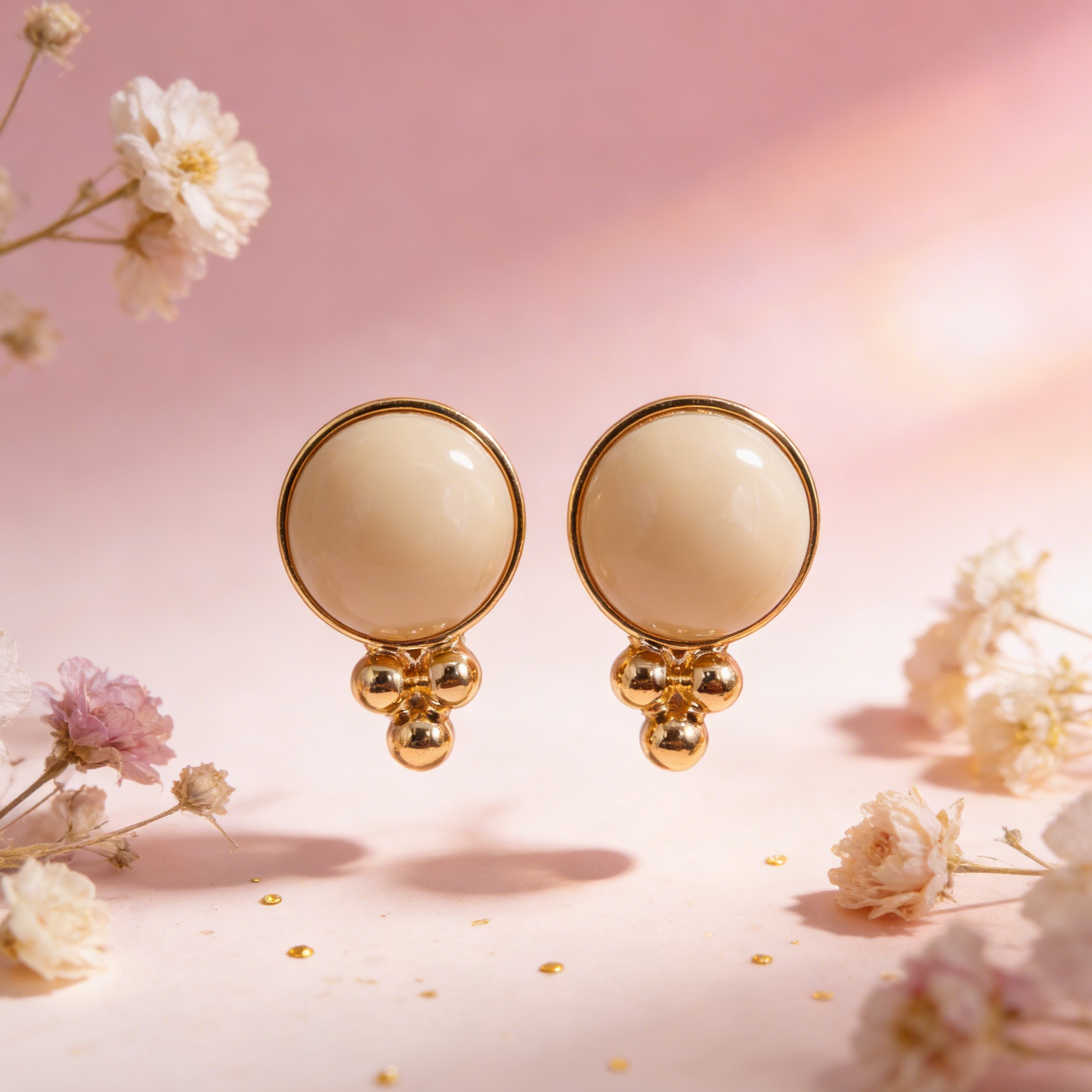 Pendientes de Botón con Detalle de Bolitas Doradas - Color Crema y Verde