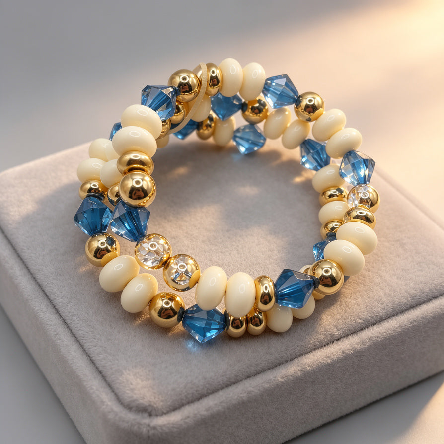 Pulsera Doble Capa Cristal Azul Perla Crema | Bisutería Mayorista Moda Mujer|JI JOYA