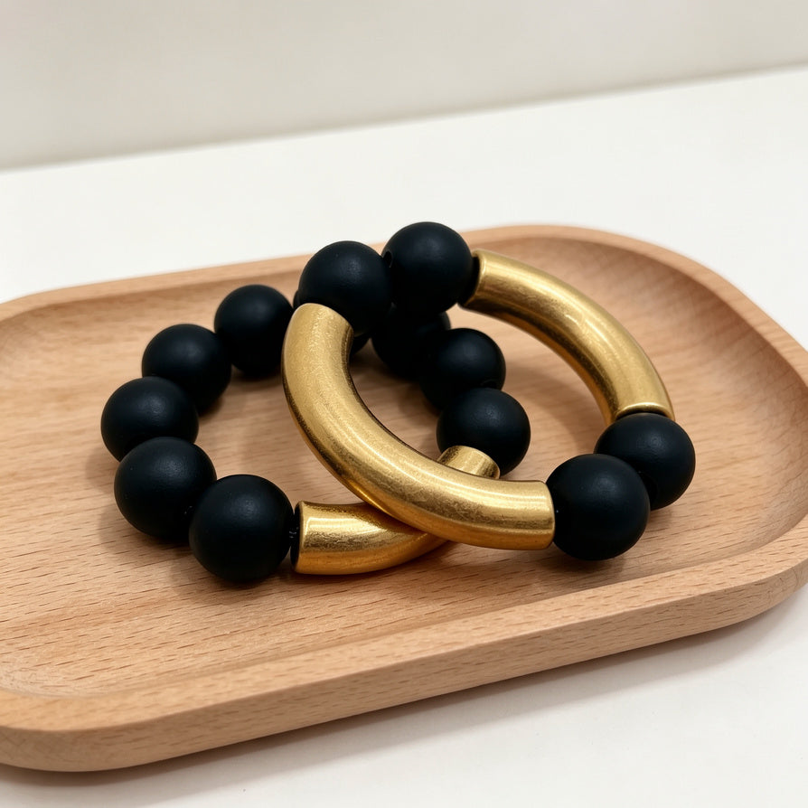 Pulsera de Madera Natural con Detalles Dorados - Mayorista | 2 Colores Disponibles|JI JOYA