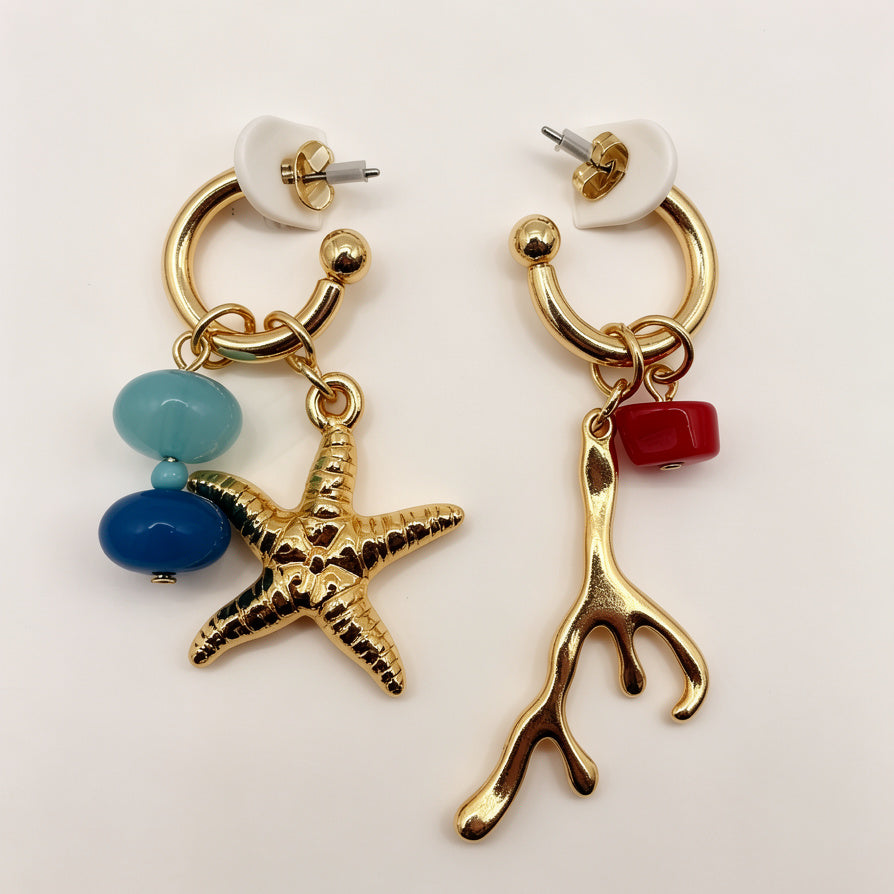 Pendientes Asimétricos Estrella de Mar y Coral, Diseño Marino Dorado, Joyería Mayorista|JI JOYA