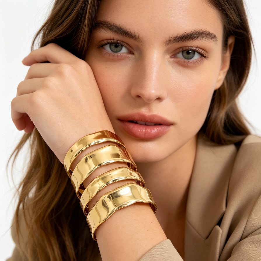 Pulsera Brazalete Ondulada en Zinc Aleación | Mayorista Mujer, Dorado Brillante y Dorado Mate|JI JOYA