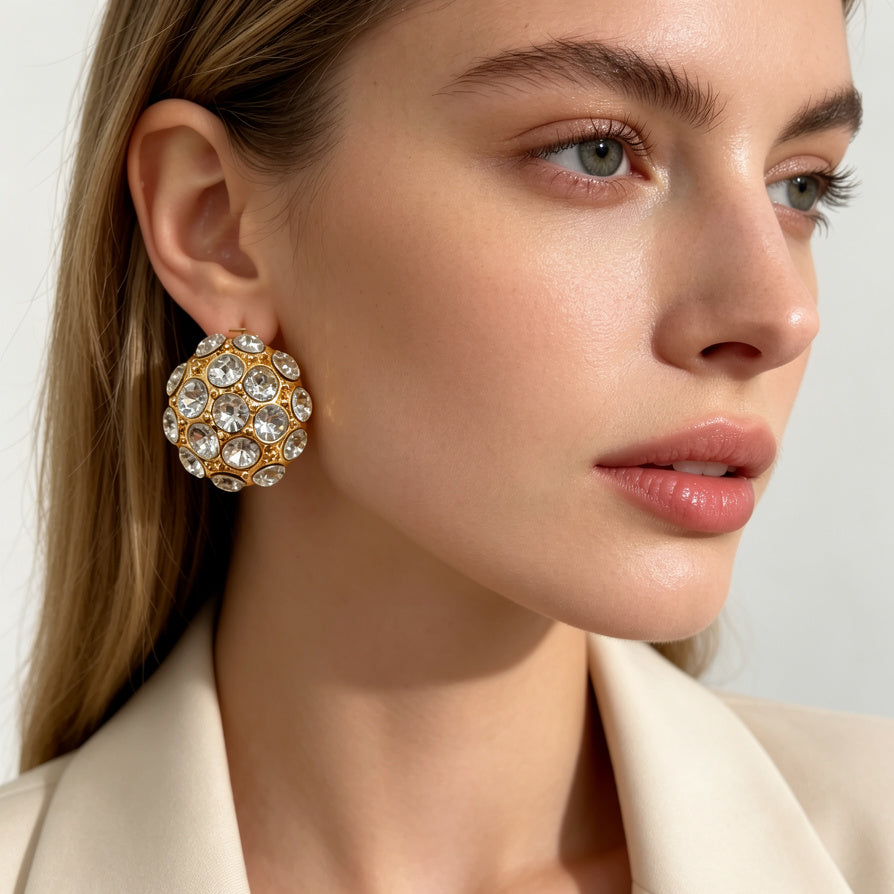 Pendientes de Botón con Cristales Brillantes, Diseño Redondo Dorado/Plateado, Joyería de Moda para Mujer, Mayorista B2B|JI JOYA