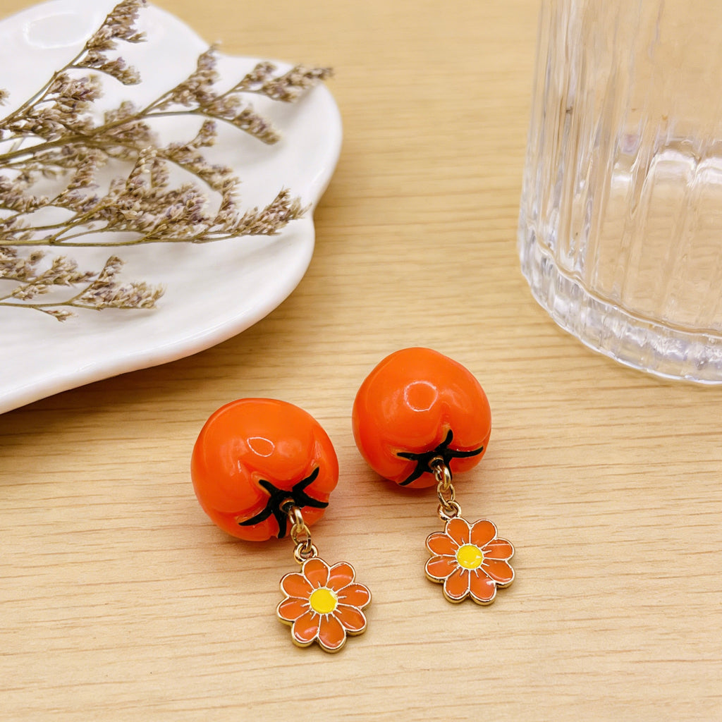 Conjunto de collar y pendientes colgantes con perla de tomate | Joyas originales de frutas de verano
