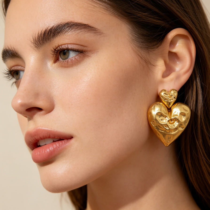 Pendientes Corazón Texturizado en Oro - Lote de Joyería Minimalista al Por Mayor|JI JOYA