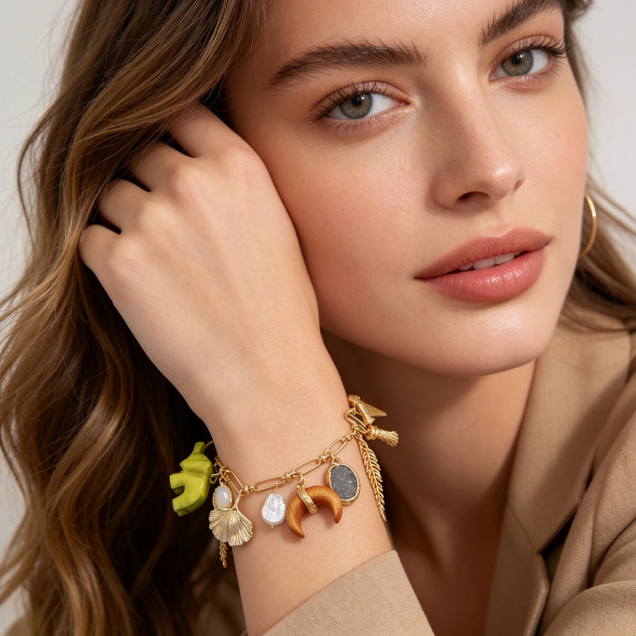 Pulsera Boho Natural con Dijes de Madera, Piedras Naturales y Perlas | Joyería Artesanal Mayorista para Distribuidores|JI JOYA