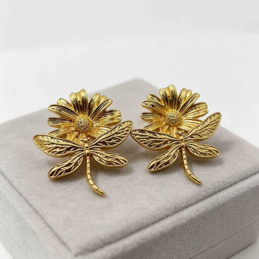 Pendientes de Libélula y Margarita Vintage | Mayoreo B2B | 2 Colores Disponibles|JI JOYA