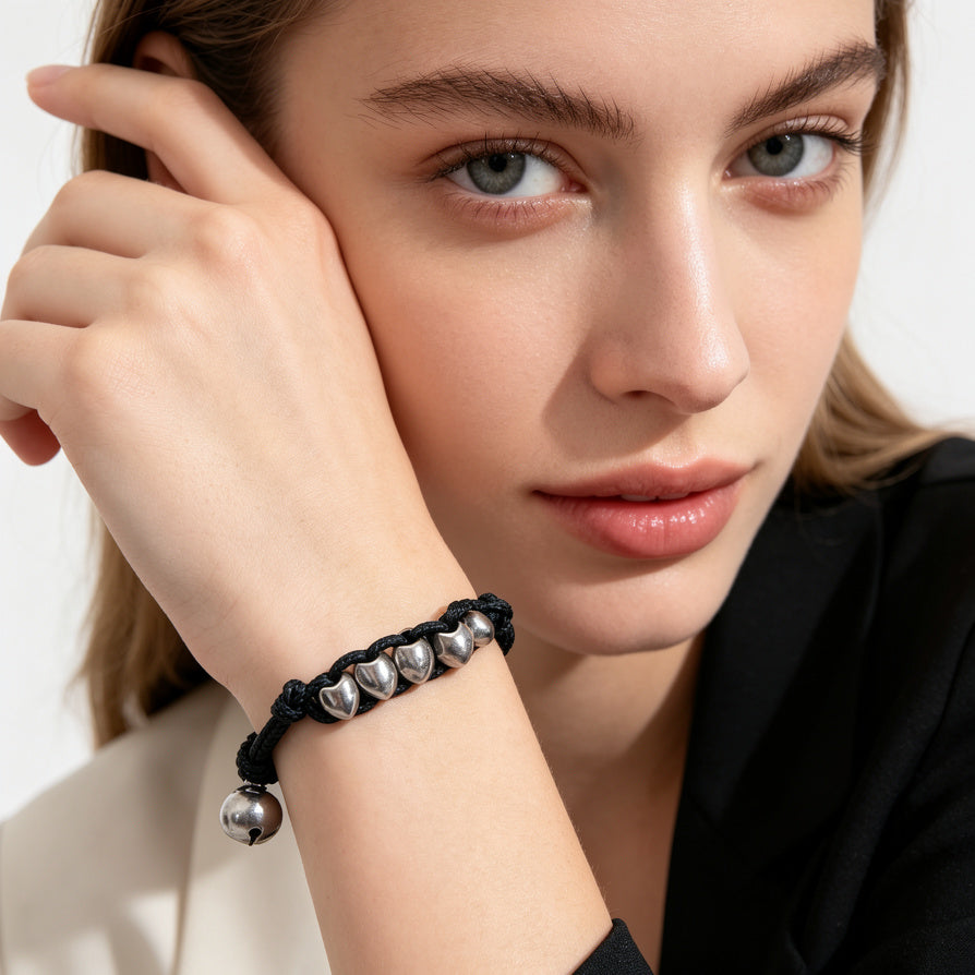 Pulsera de cuerda negra con cuentas metálicas | Accesorio de moda al por mayor| JI JOYA