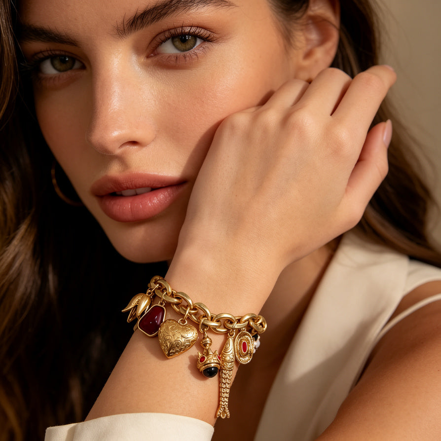 Pulsera de Charms Vintage con Piedras Rojas y Esmalte | Joyería al Por Mayor para Mujer|JI JOYA