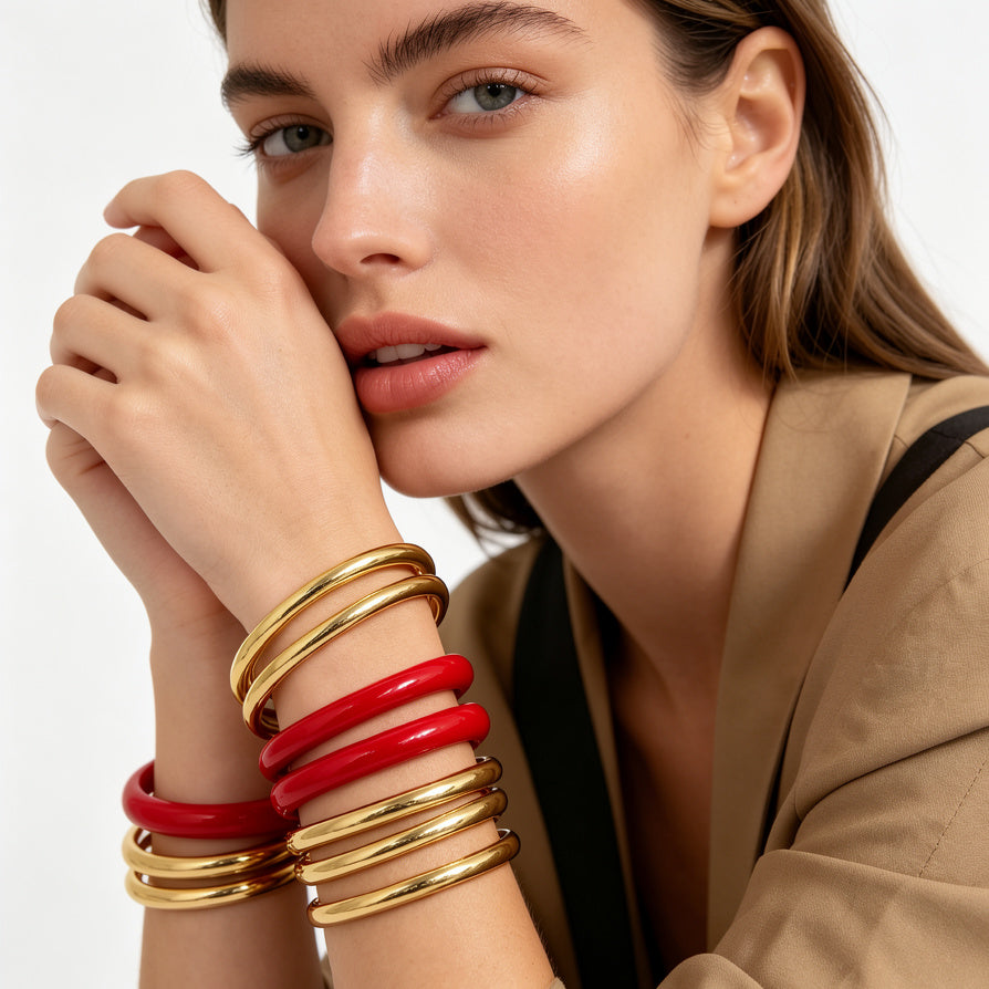 Pulseras combinadas doradas y rojas al por mayor | Brazaletes para mujer|JI JOYA