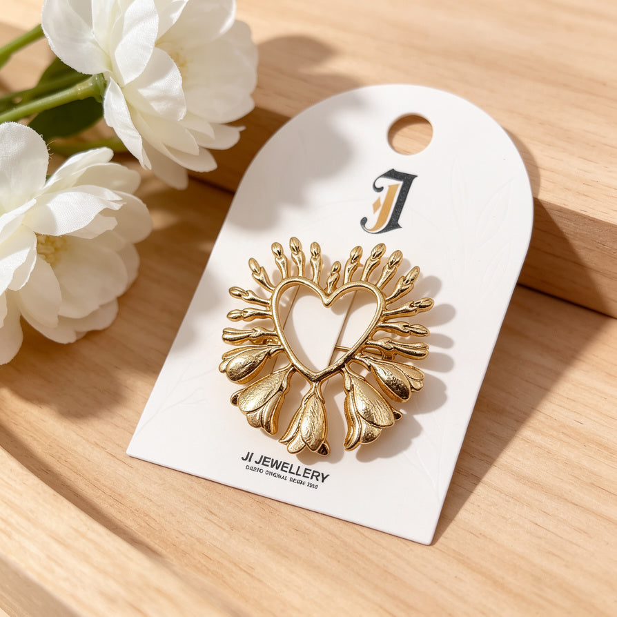 Broche Corazón Floral Dorado | Accesorio de Moda para Mayoristas|JI JOYA