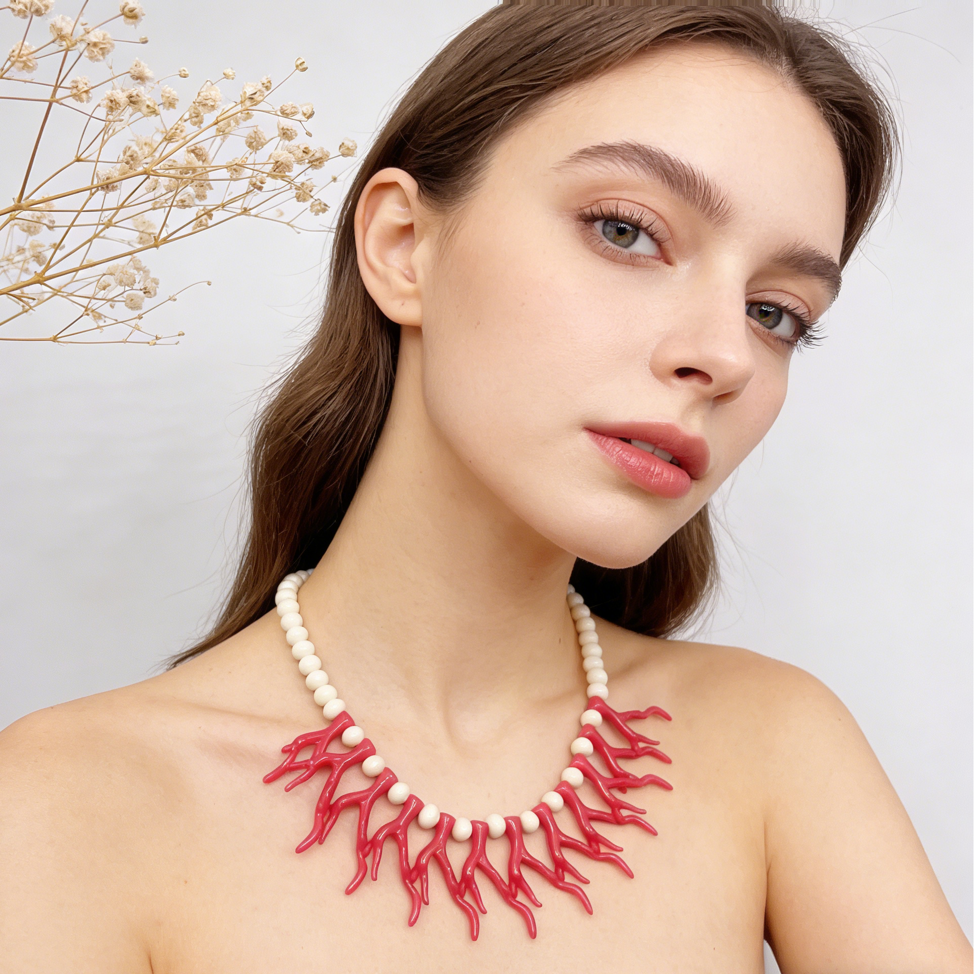Handmade Coral Branch Necklace - Cream Beaded Necklace for Bohemian Style