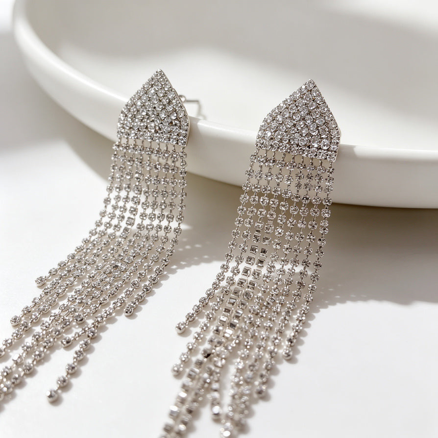 Pendientes de fleco con brillantes de cristal - Lujo minimalista para mayoristas|JI JOYA